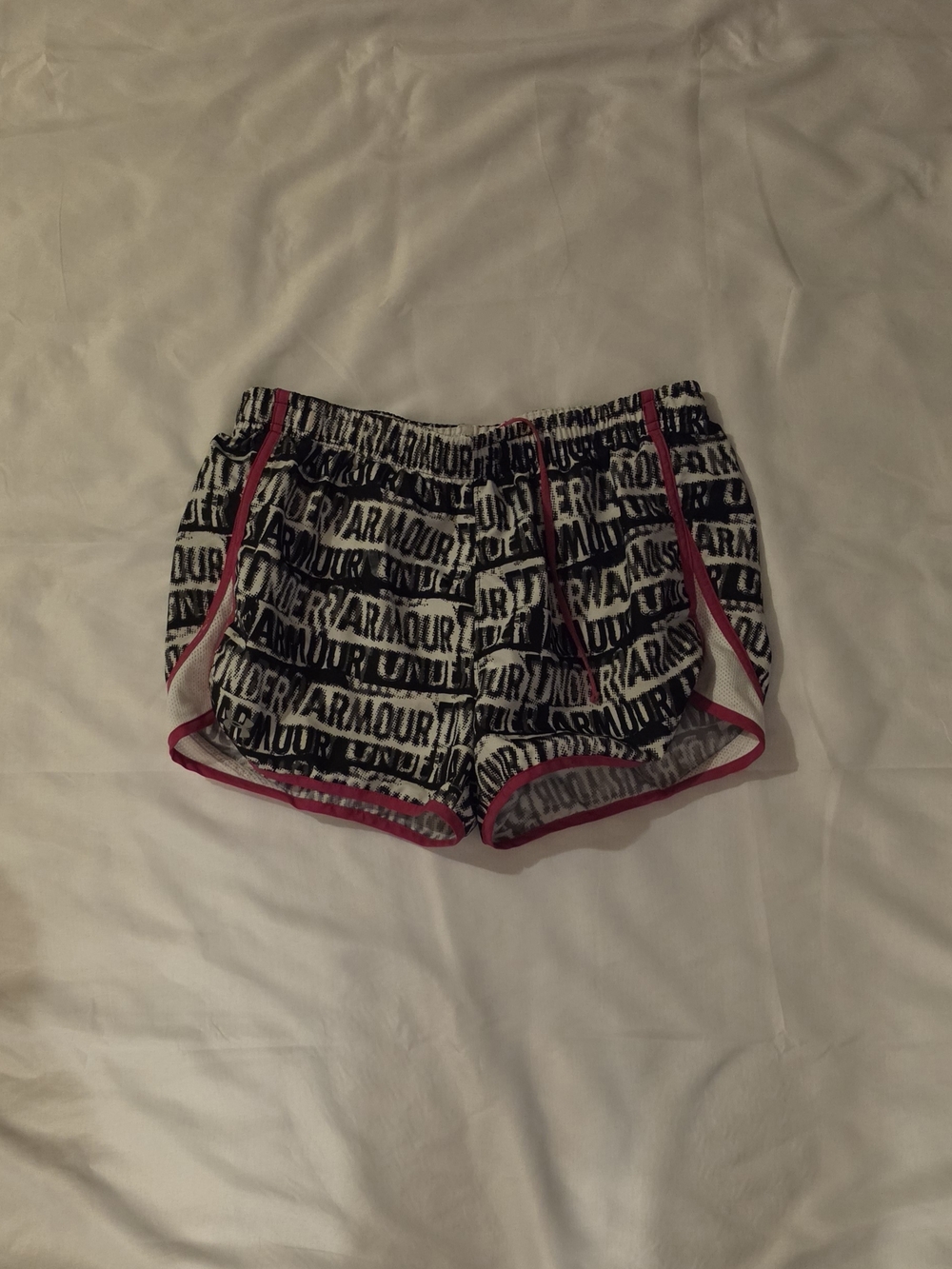 Under Armour Women’s Black & White Logo Running Shorts with Pink Trim